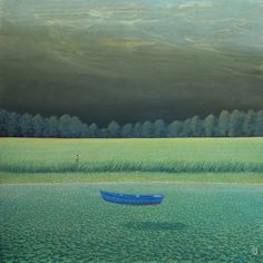 a painting of a blue boat in the water