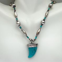 Vintage Southwestern Turquoise Bear Claw Bead Sterling Silver Necklace. Blue Turquoise Bear Claw With Sterling Silver Cap On Strand Of Sterling Silver Round Bench And Tube Beads With Turquoise Spacers. Hook And Loop Clasp. May Be Navajo. Necklace Is 23 Inches. Turquoise Claw Is 15 X 18 Mm. 18g Round Bench, Navajo Necklace, Bear Claw, Diy Jewelry Projects, Silver Caps, Necklace Blue, Tube Beads, American Jewelry, Native American Jewelry