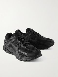 It's all about the interplay of textures with Nike's 'Zoom Vomero 5' sneakers. They're made from black rubber that's both latticed and fluted, and offset with leather, faux leather and mesh panels in futuristic lines. Nike Zoom 2k, Nike Zoom Vomero 5, Zoom 2k, Nike Collection, Nike Vomero, Zoom Vomero 5, Vomero 5, Black Nike Shoes, Shoe Wishlist