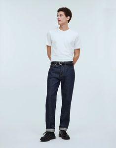 Vintage Relaxed Straight Jeans in Raw Selvedge Uniqlo Selvedge Jeans Outfit, Selvedge Jeans Men Outfit, Relaxed Fit Rigid Denim Pants With Straight Hem, Loosely Fitted Dark Wash Jeans With Five Pockets, Tapered Rigid Denim Jeans With Standard Cut Leg, Relaxed Fit Jeans With Belt Loops, Tapered Rigid Denim Jeans With Straight Hem, Classic Straight Leg Recycled Denim Pants, Relaxed Fit Selvedge Jeans With Straight Leg