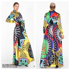 Multi Print Long Sleeve Maxi Dress With Button Down Closure, Waist Tie And Side Pockets. 100% Polyester. Armpit To Armpit 20”, Waist Unstretched 15”, Stretched 21”, Length 61” Yellow Long Sleeve Maxi Dress For Party, Multicolor Long Sleeve Maxi Dress With Buttons, Yellow Printed Maxi Dress For Party, Chic Multicolor Long Sleeve Maxi Dress, Multicolor Printed Button-up Dress, Long Sleeve Maxi Dress With Buttons For Party, Long Sleeve Buttoned Maxi Dress For Party, Yellow Printed Long Sleeve Dress, Multicolor Maxi Dress With Buttons