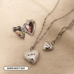 Our Engraved Heart Locket can be engraved with initials, words, or short messages for the perfect gift for your loved ones! Materials & Finish: * High Quality 316L Stainless Steel * 18k Gold, Silver We use a THICK PLATING for a piece that will be in your jewelry box for years to come! Size Specs: * Small Heart Locket Pendant: 13mm * Big Heart Locket Pendant: 20 mm HOW TO ORDER * Select your Chain type & Length * Select your Engraving Options * Tell us all your item details in the personalization box. Features: * Engraving can be icons, letters, numbers, words, symbols, dates, etc. * Waterproof / Hypoallergenic / Tarnish Free / Lead and Nickel Free * Engraved with a high precision laser engraver, clear and easy to read * Engraved items are personalized and made just for you! See our shop po Engraved Double Heart Locket Necklace Gift, Heart-shaped Engraved Locket Necklace Gift, Vintage Engraved Heart Locket Necklace, Heart Locket Necklace Silver, Vintage Silver Locket Necklace For Valentine’s Day, Heart-shaped Metal Locket Necklace, Locket Necklace Vintage, Silver Locket Necklace, Engraved Locket