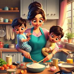 a woman and two children are in the kitchen preparing some food with eggs, carrots and milk