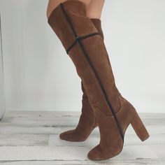 Ad & Daughters Theodorah Over The Knee Boots Brown Oiled Suede Block Heel Brown With Black Trim Leather Lining Approx. 18.5" Shaft Height Approx. 14.5" Shaft Circumstance Approx. 3.5" Heel Height New Without Tags Sold Out Everywhere Oiled Suede Upper Zipper Closure Leather Lining Leather Sock Lining With Ad Logo Stamp Leather Outsole With Ad Logo Stamp - See All Pics For Any Wear, Condition, Has Scuffs - From Smoke Free Environment - Pair Shown Is The Exact Item You Will Receive ** Be Sure To Fo Fitted Brown Calf Leather Boots, Brown Calf Leather Knee-high Boots For Fall, Fall Brown Calf Leather Knee-high Boots, Fitted Brown Calf Leather Knee-high Boots, Brown Leather-lined Knee-high Boots For Fall, Brown Closed Toe Knee-high Boots For Fall, Brown Leather Sole Knee-high Winter Boots, Brown Knee-high Boots With Leather Lining For Winter, Brown Leather Lined Knee-high Boots For Winter