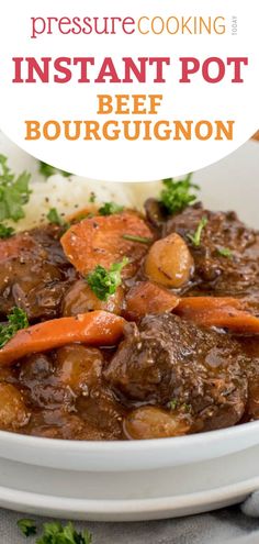 beef stew with carrots and gravy in a white bowl on a table