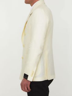 Double-breasted jacket in cream-colored linen and virgin wool. It features peaked lapels with brooch, front six-button closure, two front patch pockets, a welt pocket on chest and buttoned cuffs. The model is 184cm tall and wears size IT 50.  Size nationality: IT  Product number: 31934308  Product code: 1SMC20K520090X3124  Composition: 60% linen, 40% virgin wool Double Breasted Jacket, Double Breasted Blazer, Dress With Cardigan, Clothes Collection, Cardigan Jacket, Welt Pocket, Blazer Suit, Double Breasted, Blazer Jacket