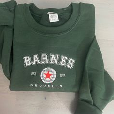 Barnes 1917 Embroidered sweatshirt; Barnes custom embroidered sweatshirt; Vintage Barnes 1917 crewneck - MrEmbroideryGifts Crew Neck Hoodie With Embroidered Logo For College, College Crew Sweatshirt With Embroidered Logo, Green Sweatshirt With Letter Embroidery For Streetwear, Green Letter Embroidery Sweatshirt For Streetwear, Custom Embroidered Crew Neck Hoodie For College, Collegiate Crew Neck Sweatshirt With Embroidered Graphics, Varsity Sweatshirt With Custom Embroidery For Fall, Varsity Crew Neck Sweater With Embroidered Logo, Varsity Sweatshirt With Custom Embroidery For Streetwear