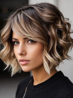 Blonde Hair Chocolate Lowlights, Short Low Light Hair, Creamy Chocolate Brown Hair, Satchel Haircut, Inverted Bob Wavy Hair, Brown To Blonde Hair Short, Fall Bayalage Brunette With Money Piece, Short Hair Fall Color Ideas, Short Hair With Lowlights