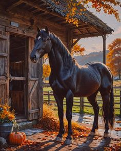 a painting of a horse standing in front of a barn with autumn leaves on the ground