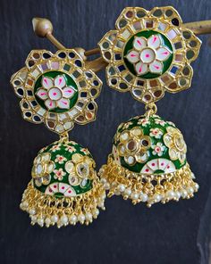 Shine On Amp up your festive/navrathri outfits with meenakari hand painted real mirror work jhumkas in timeless GREEN These are versatile and looks lovely with casual or special occassion ensemble Length: 3 Inches Width: 1.5 Inches Mirror Jhumka, Earrings Emerald, Earrings Indian, Jhumka Earrings, Jewelry Boho, Mirror Work, Shine On, Boho Earrings, Indian Jewelry