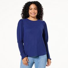 DG2 by Diane Gilman Brushed Sweater Knit Juliet-Sleeve Top  Parting is such sweet sorrow. That's why you'll never want to be without this romantic Juliet-Sleeve, Sweater Knit Top from Diane Gilman. Blue Long Sleeve Cotton Knit Top, Fall Textured Knit Top With Balloon Sleeves, Winter Puff Sleeve Top With Relaxed Fit, Casual Solid Color Knit Top With Puff Sleeves, Casual Solid Tops With Elastic Sleeves, Casual Long Sleeve Tops With Elastic Sleeves, Solid Color Tops With Elastic Sleeves For Fall, Blue Tops For Casual Gatherings In Fall, Blue Long Sleeve Tops For Casual Gatherings