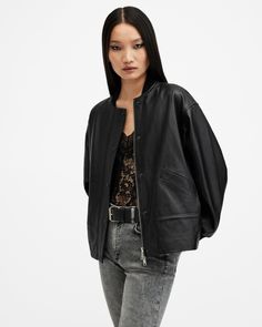 New this season, the Sofi Bomber is an instant classic. Crafted from a lightweight leather with a clean finish, it's shaped to a relaxed silhouette with dropped shoulders and classic bomber-style ribbed detailing. Here's the difference – we've added a drawstring waist for an adaptable fit and to create a peplum at the hem for a modern yet feminine feel. It's a fusion of styles that puts a new stance on denim. Whether you're pairing it with tailored pants or throwing it on over loungewear, it works.   This leather jacket is designed to a relaxed fit Zip closure Long sleeves Collar Dropped-shoulder construction Internal drawstring waist – this is adjustable, wear it cinched-in or open. Peplum hem Ribbed trims Two lower welt pockets Signature metal hardware Lightweight nappa Allsaints Spring Outerwear For Work, Allsaints Spring Workwear Outerwear, Allsaints Leather Jacket For Spring Workwear, Allsaints Casual Leather Jacket For Fall, Casual Allsaints Leather Jacket For Fall, Allsaints Casual Spring Outerwear, Casual Allsaints Leather Jacket With Long Sleeves, Casual Allsaints Leather Jacket, Allsaints Long Sleeve Leather Jacket For Spring