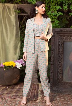 Chhavvi Aggarwal-Grey & Blue Pant Suit Set With Tank Top-INDIASPOPUP.COM Printed Tank Top Outfits, Kurta Pants Set For Women, Coad Set Designs, Kurta Pant Set Design, Kurta Coord Set, Printed Set Outfit, Cord Sets Outfit Indian, Pant Suit Designs For Women, Printed Cord Set Outfit Women