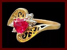 Eclectic Boutique, Ruby Heart Ring, Red Lab, Ruby Heart, Tiny Diamond, 1 Carat, 10k Gold, Heart Shape, Heart Ring