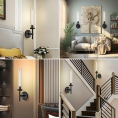 four pictures of different rooms with stairs, couches and other items in them on display