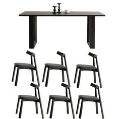 six chairs and a table with chess pieces on it, all in black leatherette