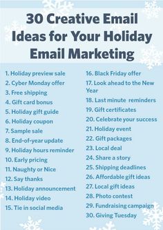 the 30 creative email ideas for your holiday email marketing campaign is shown in blue and white