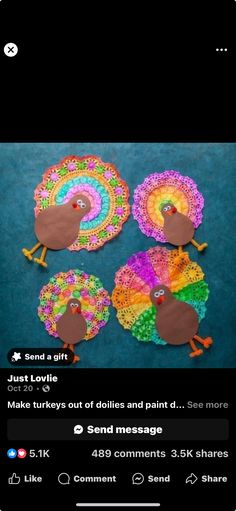 some turkeys made out of doily and paint