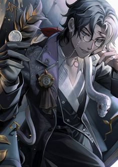 an anime character with black hair and glasses holding a clock in his right hand while standing next to another character