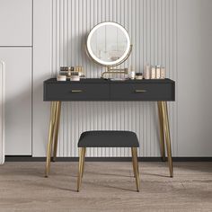 a vanity with a mirror and stool in front of it