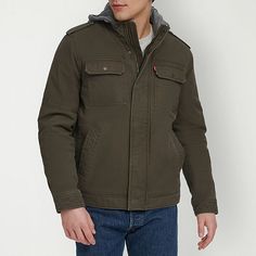 Designed for durability and style, this Levi's men's work jacket is a must-have for your everyday wardrobe. Crafted from 100% cotton for midweight warmth, it features a hood, long sleeves, interior and exterior pockets, and a snap-button and full-zip closure down the front.Features: Hooded, Sherpa Lined, Wind ResistantClosure Type: ZipperPockets: 2 Chest Snap Pockets, 2 Side Slip Pockets, 1 Inside Cell Phone PocketSleeve Length: Long SleeveWarmth Factor: MidweightApparel Length: 28 InchesOuterw… Mens Work Jacket, Mens Sherpa, Work Jacket, Work Jackets, Sherpa Lined, Levis Men, Everyday Wardrobe, Green Jacket, Snap Button