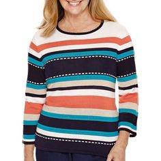 Alfred Dunner 3/4-Sleeve Striped Sweater Size L, XL Msrp $54.00 New Our Alfred Dunner 3/4-sleeve sweater takes a comfortable and familiar fit and gives it a lot of impact with bold and colorful stripes.  roundneck  3/4 sleeves  acrylic  washable  made in America sku~305 Pocket Jacket, Alfred Dunner, Sweater Set, Striped Sweater, Made In America, Sweater Sleeves, Stripe Sweater, Colorful Sweaters, Sweater Outfits