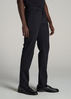 Stay Effortlessly On-Trend in Our 365 Stretch 5-Pocket Pants for Tall Men Unmatched Style in Every Stitch Our 365 Stretch 5-Pocket Men's Tall Pants are all about offering year-round style and an ideal fit. Designed for tall men, these extra-soft pants offer a sleek, tapered fit that's perfect for any event. Experience a new standard in tall men's pants that are as wrinkle resistant as they are comfortable, making them an essential for life on the go. Tapered fit, tailored for tall men over 6' Ex Business Black Chinos With Welt Pockets, Black Chinos With Welt Pockets For Business, Business Casual Black Chinos With Welt Pockets, Black Pants With 4-way Stretch And 5-inch Inseam, Black Dress Pants With Pockets For Business, Black Straight Leg Bottoms With Functional Pockets, Stretch Black Work Pants With Pockets, Black Stretch Work Pants With Pockets, Business Black Bottoms With Welt Pockets