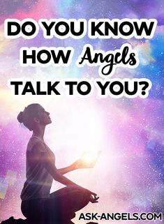 a woman sitting on top of a rock with the words do you know how angels talk to