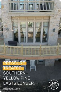 an advertisement for a restaurant called southern yellow pine, with chairs on the front porch