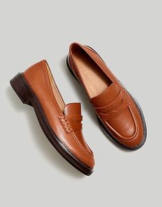 Madewell Loafers, Leather Industry, Brown Loafers, Brown Leather Shoes, Oxford Flats, Madewell Shoes, A Well, Penny Loafers, Stacked Heel