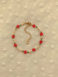 Eleanor Bracelet Delicate Poinsettia Flower Bracelet Dainty Seed Bead Bracelet Handmade Beaded Bracelet Gold Filled Jewelry - Etsy Bracelets With Seed Beads, Dainty Bead Bracelets, Red Seed Bead Bracelet, Christmas Seed Bead Bracelets, Bead Bracelets Patterns, Seed Bead Bracelets Patterns, Bead Designs Pattern, Bead Pattern Ideas, Seed Bead Bracelets Ideas