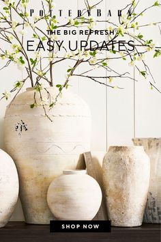 white vases with branches in them sitting on a shelf next to the words pottery fair