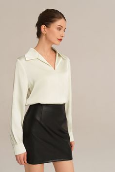 Experience the epitome of elegance with our Satin Blouse. Combining a loose fit with a smooth and comfortable fabric, this blouse is designed to make you feel effortlessly stylish. With long sleeves, a flattering V-neck, and a lapel collar, this piece exudes timeless charm. Material : 95%Polyester+5%Elastane.Elasticity : Low Stretchy.Sku : CL2156A23Package : 1*TopsCare instructions: Max wash temp: 30℃, No bleach, No tumble dry, Iron max 110℃, Wash dark colors separately, No PU ironing. Chic Solid Color V-neck Shirt, Elegant V-neck Blouse For Office, Formal V-neck Solid Color Tops, Versatile Solid Color Blouse For Office, Versatile Solid Color Office Blouse, Chic Solid Blouse For Work, Chic Solid Color Blouse For Work, Versatile V-neck Blouse For Office, Versatile Solid Color Workwear Blouse