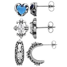 Never settle for one pair of earrings, our womens stainless steel blue and white 3pc. stud earring set has all youll need for your fashion jewelry necessities. Each stud earring is created from durable stainless steel and features their own unique style. Choose from a heart shape earring, crescent earring or semi-circle pair of earrings; all styles are suitable for both casual and special occasion attire. You can embrace your feminine side with these gem accented earrings! Made complete with sta Internally Threaded Stainless Steel Jewelry, Crescent Earrings, Never Settle, Heart Shaped Earrings, Stud Earrings Set, Steel Blue, Stud Earring, Heart Shape, Crescent