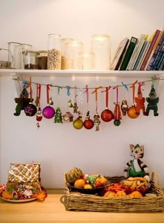 a shelf filled with christmas ornaments and other decorations