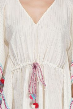 Kaftan Dress Swim Cover Up V-Neckline Embroidery Around The Sides With Pompom Detail Drawstring Tie At Waist With Tassel Detail Made In Cotton Lurex Stripe Detail Neckline Embroidery, Embroidered Kaftan, Boho Girl, Kaftan Dress, Swim Cover, Store Credit Cards, Tassels, Pom Pom, Ruffle Blouse