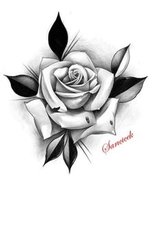 a drawing of a white rose with black leaves and the word love written on it