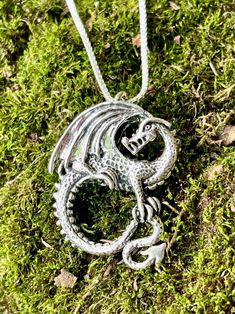 a silver dragon pendant sitting on top of green grass