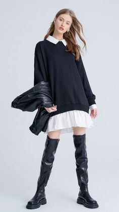 Category : Dress Thickness : Medium Fit Type : Loose SPU : IU38S7CE2000 Fabric : Knit fabric:83% Cotton 17% Polyester Woven fabric:100% Cotton Tips : Hand wash (maximum temperature 30℃), wash with like colors, do not soak. Trendy Long Sleeve Sweater Dress For Summer, Casual V-neck Sweater Dress For Spring, Relaxed Fit Cotton Dress For Winter, Trendy Stretch Long Sleeve Sweater Dress, Trendy Stretch Sweater Dress For Spring, Trendy Long Sleeve Stretch Sweater Dress, Casual V-neck Sweater Dress, Fall Crew Neck Sweater Dress For Layering, Casual Long Sleeve Knit Sweater Dress