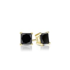 4-Prong Basket-set black princess-cut diamond stud earrings make a stylish statement in beauty. These 14k yellow gold stud earrings sparkle with a total weight of 0.50 ct. and are available with push-back, screw back or lever back clasps. Black Diamond Pendant, Black Diamond Earrings Studs, Black Diamond Studs, Yellow Gold Stud Earrings, Halo Diamond Earrings, Black Diamond Earrings, Solitaire Diamond Pendant, Colored Diamond Rings, Rose Gold Earrings Studs