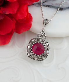 "Ruby Gemstone Silver Gothic Pendant Necklace, 925 Sterling Artisan Made Filigree, Red Ruby Quartz Gemstone Goth Woman Handmade Jewelry Gothic Pendant Necklace, July Pendant Necklace, birthstone necklace, goth women necklace, bridal shower gift, gothic wedding gift Gemstone: Ruby Quartz 12 mm. Ruby is the July birthstone - and it's one of the most coveted of gems. The name is derived from the Latin word ruber, meaning \"red\" - the color of love and passion. Material: 925 Sterling Silver ( NICKEL FREE ) Matching Bracelet; www.etsy.com/listing/1388756998 Chain Length:  -21 Inches ( 53 cm ) -18 Inches + 2 Inches Extender ( 46 cm + 5 cm Extender ) Pendant height and width: -1.5 Inches X 0.75 Inches // 3.8cm X 1.9cm Made from our finest sterling silver, this necklace is stunning and adds the p Ruby Quartz, Gothic Pendant, Latin Word, Jewelry Gothic, Necklace Birthstone, Goth Women, Necklace Bridal, Gothic Wedding, Women Necklace