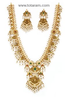 22 karat gold 'lakshmi - peacock' guttapusalu long necklace & drop earrings set with cz, color stones, pearls & beads (temple jewellery) - 235-GS3843 - in 197.050 Grams for USD $19,723.37 USD. 
Made in India by Totaram Jewelers Online this product is in Gold - 22 Karat BIS Hallmark 916 Gold  & is an excellent gift for Adult - Women. Ships fully insured with secured guaranteed delivery for free with your order over $250 from New Jersey USA & comes with 30 days exchange policy. Peacock Guttapusalu, 22k Gold Jewelry, Color Stones, Gold Jewelry Indian, Temple Jewellery, Online Jewelry Store, Screw Back Earrings, 22k Gold, Earrings Set