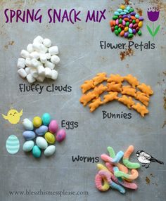 the ingredients for spring snack mix on a baking sheet with text overlay that says, spring snack mix