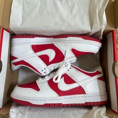 Brand New Comes With Box 100% Authentic (Have Proof Of Purchase) Red Nicke Shoes, Dunk Low Championship Red, Red Adidas Shoes, White Dunks, Pretty Sneakers, Multicolor Shoes, Pretty Shoes Sneakers, Funky Shoes, Nike Shoes Jordans