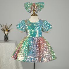 Baby Girl and Toddler Rainbow Sequined Puffy Princess Birthday Party – marryshe Short Sleeve Glitter Dress For Party Season, Spring Sequin Dress For Pageant, Fitted Short Sleeve Princess Dress For Party, Fitted Princess Dress With Short Sleeves For Party, Festive Princess Style Multicolor Dresses, Princess Style Multicolor Festive Dress, Festive Multicolor Princess Dress, Princess Style Sequin Dress For Dress-up Occasions, Princess Style Sequin Dress For Dress-up