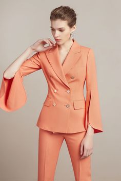 Peach Cape Style Double Breasted Pantsuit - FashionByTeresa Double Breasted Jacket Women, Women Pants Suit, True Spring Palette, Women Pant Suits, Peach Clothes, Peach Pants, Peach Blazer, Black Pantsuit, Black Two Piece