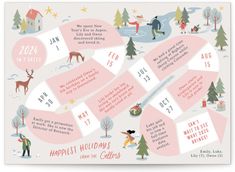 This non-photo Holiday card lets you share 7 key moments of your year in the style of a board game. Christmas Card Family Highlights, Family Holiday Cards, Vintage Holiday Cards, Photo Christmas Cards, Unique Christmas Cards, Adventure Holiday, Custom Envelopes, Photo Christmas, Holiday Postcards