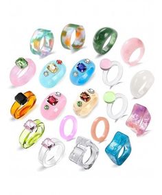 【20 PCS COLORFUL RESIN RINGS SET】: Our resin rings set comes in 20 pcs different colors and styles, among the styles you'll find are colorful retro simple rings, clear glitter knuckle dusters, and translucent dome rings. These designs are so unique and a must have set for rings lovers! The playful, '90s-inspired rings have definitely caught on among fashion girls around the world. 【COME IN ONE COMMON SIZE AND MADE OF RESIN】: These Y2K style rings come in one common size: US 7, around 17-1... Trendy Multicolor Rings For Party, Trendy Party Crystal Ring, Rings Y2k, Diamond Finger Ring, Acrylic Rings, Rings Cute, Y2k Rings, Plastic Rings, Knuckle Duster