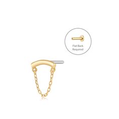 Crafted in shiny gold with a dangling chain detail, this modern piercing earring adds a touch of subtle luxury to your ear party. Perfect for many ear placements; we love it in a flat piercing, with the bar hidden for a "floating" chain look. Product Details: Material: 14K Solid Gold Pin Post: Stainless Steel Dimension: 8.5*8mm Total Carat Weight: 0.127g Sold individually, post not included. Compatible Flat Back Posts can be purchased HERE. VIDEO on how threadless ends + posts work! Ear Party Co Flat Piercing, Diamond Icon, Subtle Luxury, Ear Party, Gold Pin, Key To My Heart, Ice Queen, Gold Hoops, Huggies Earrings