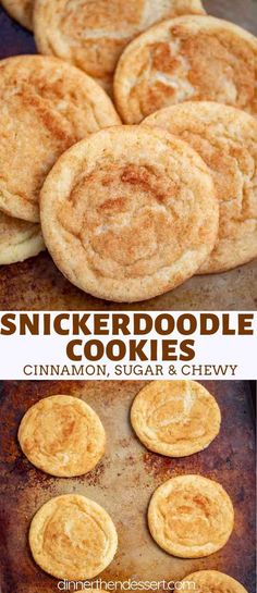 cinnamon sugar cookies on a baking sheet with the words, snickker doodle cookies